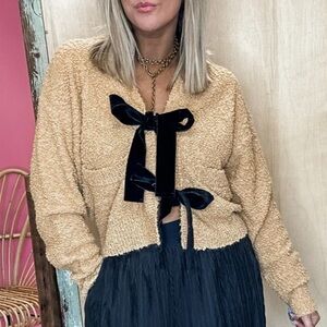 Tan teddy Sweater cardigan with Black Bows